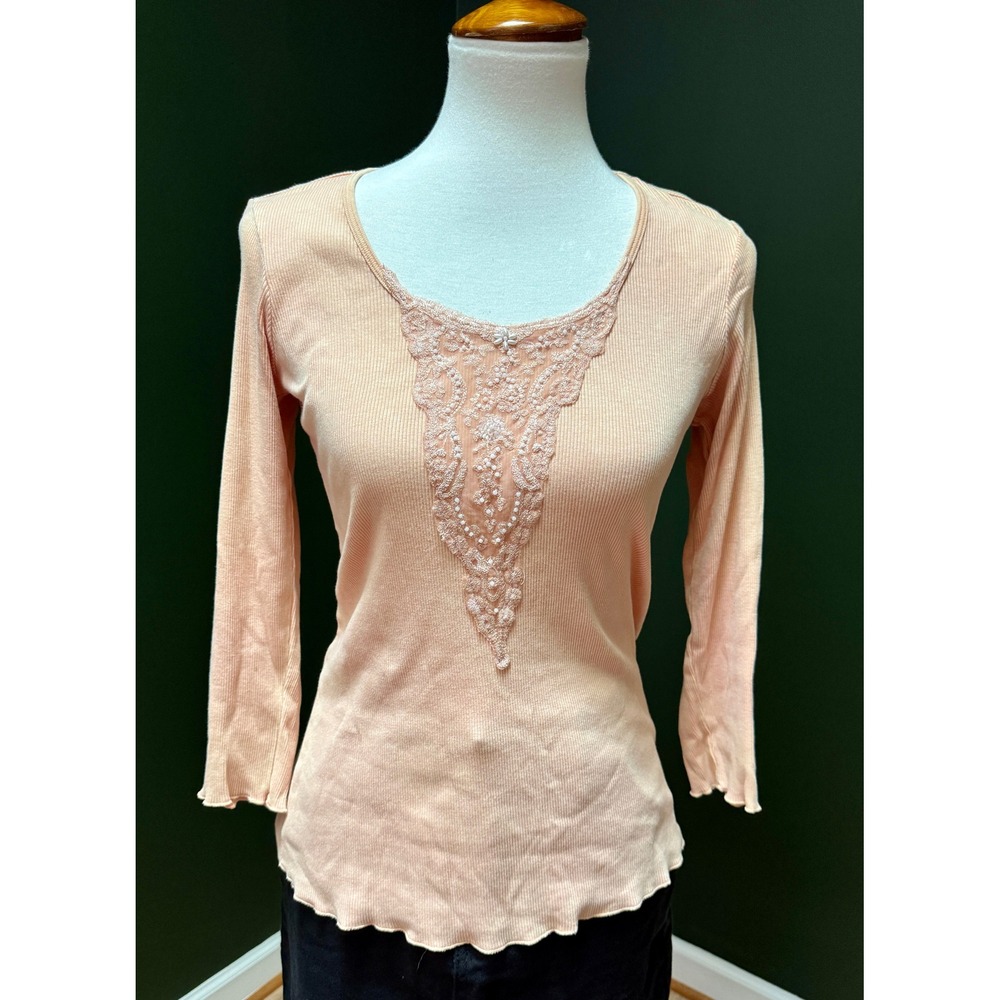 Vintage Energe World Wear Ribbed Knit Top with Lace Applique Detail Size M